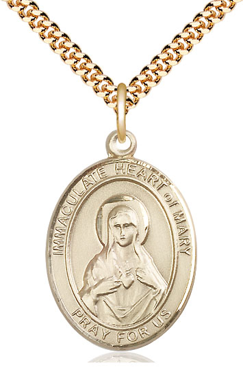 14kt Gold Filled Immaculate Heart of Mary Pendant on a 24 inch Gold Plate Heavy Curb chain