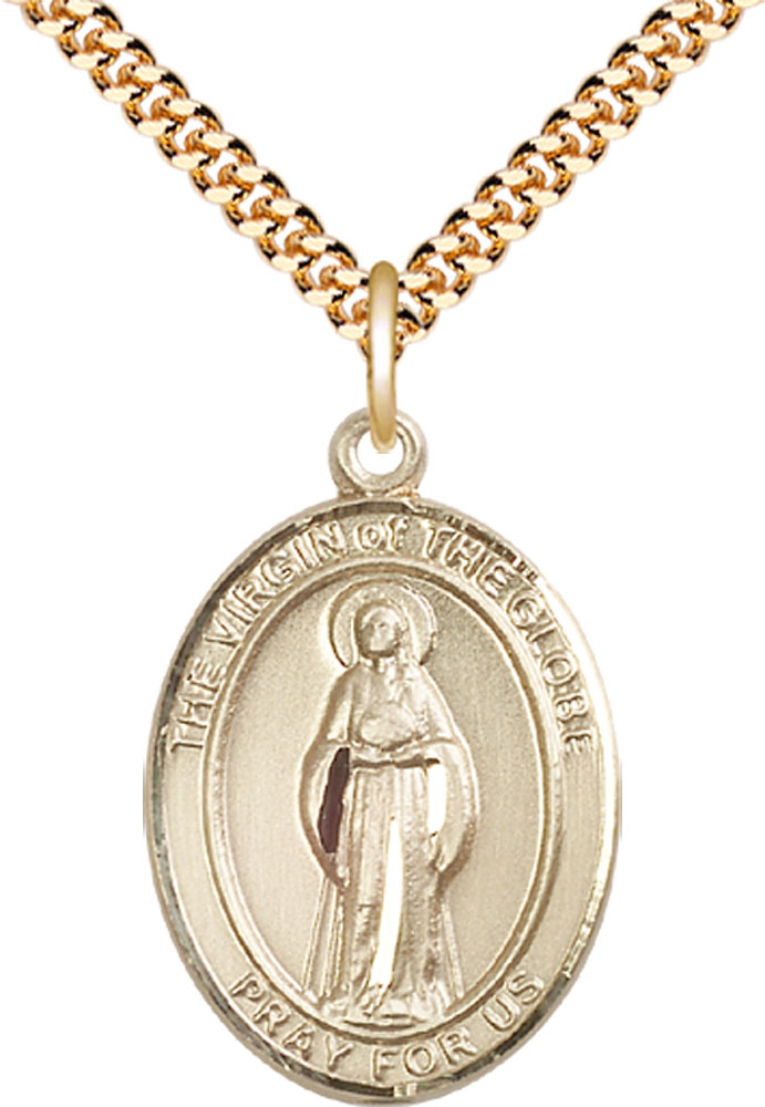 14kt Gold Filled Virgin of the Globe Pendant on a 24 inch Gold Plate Heavy Curb chain