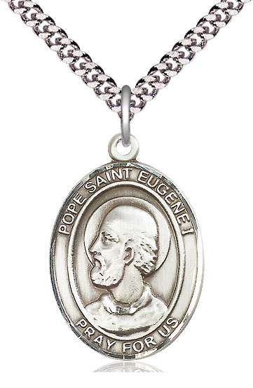 Sterling Silver Pope St Eugene I Pendant on a 24 inch Light Rhodium Heavy Curb chain