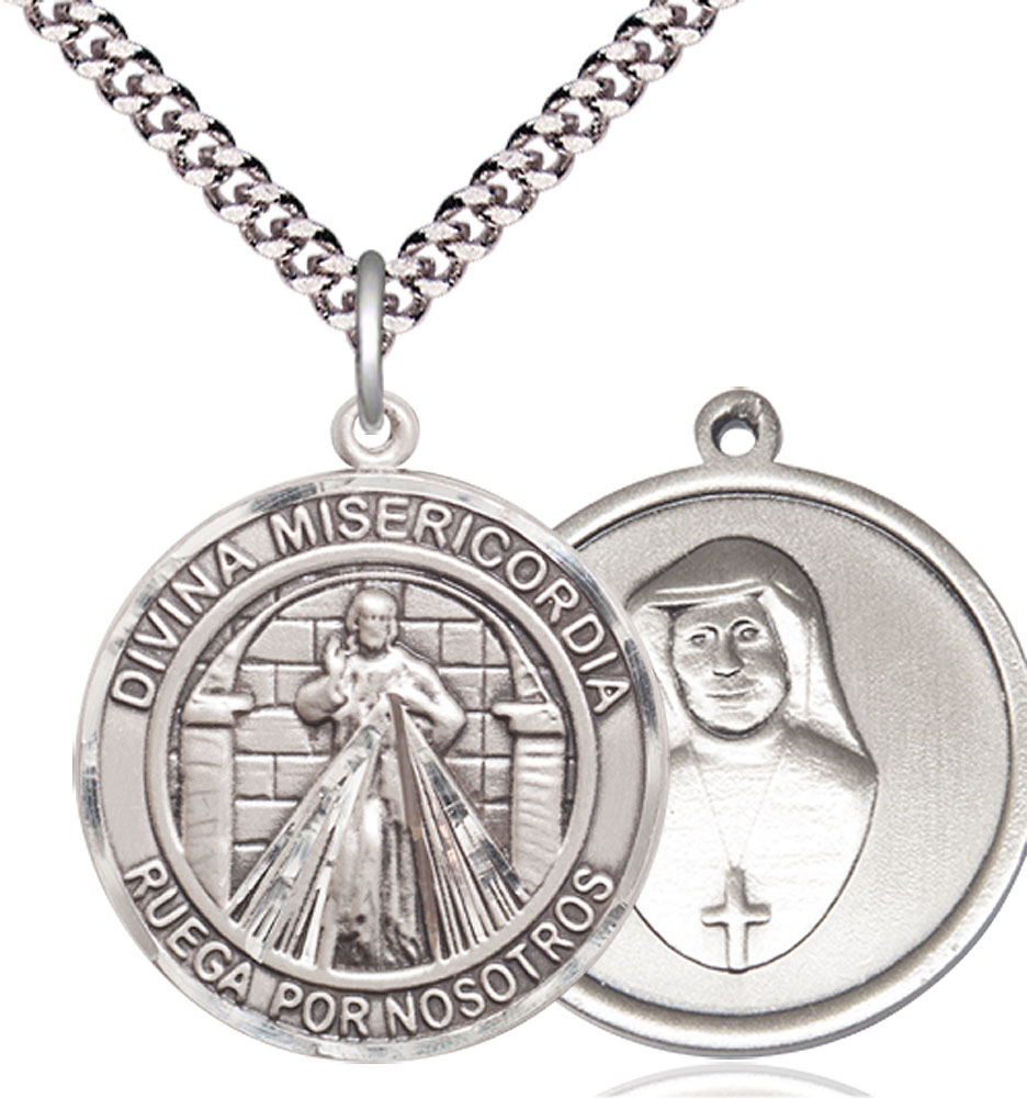 Sterling Silver Divina Misericordia Pendant on a 24 inch Light Rhodium Heavy Curb chain