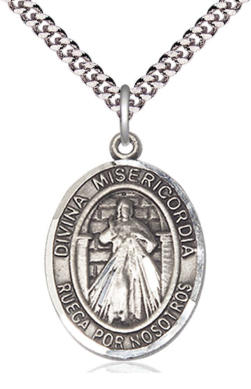Sterling Silver Divina Misericordia Pendant on a 24 inch Light Rhodium Heavy Curb chain