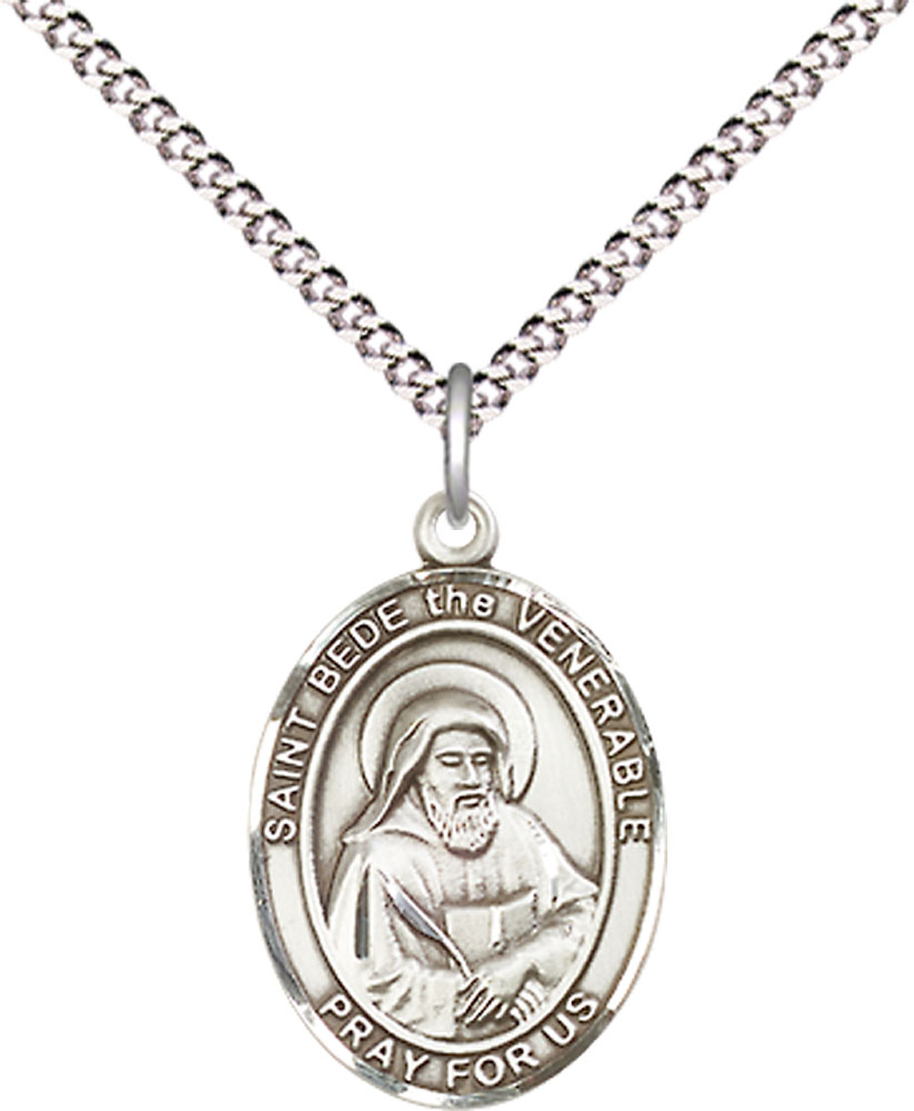 Sterling Silver Saint Bede the Venerable Pendant on a 18 inch Light Rhodium Light Curb chain