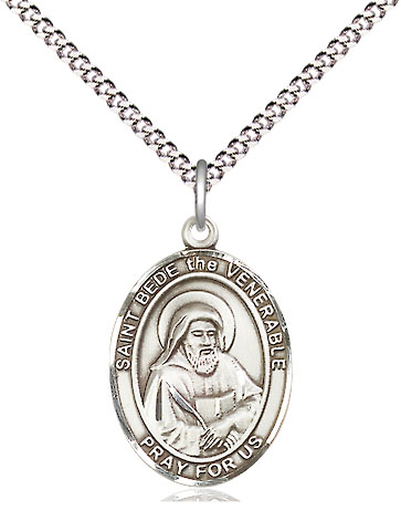 Sterling Silver Saint Bede the Venerable Pendant on a 18 inch Light Rhodium Light Curb chain