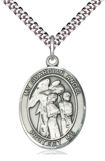Sterling Silver Guardian Angel w/Children Pendant on a 24 inch Light Rhodium Heavy Curb chain