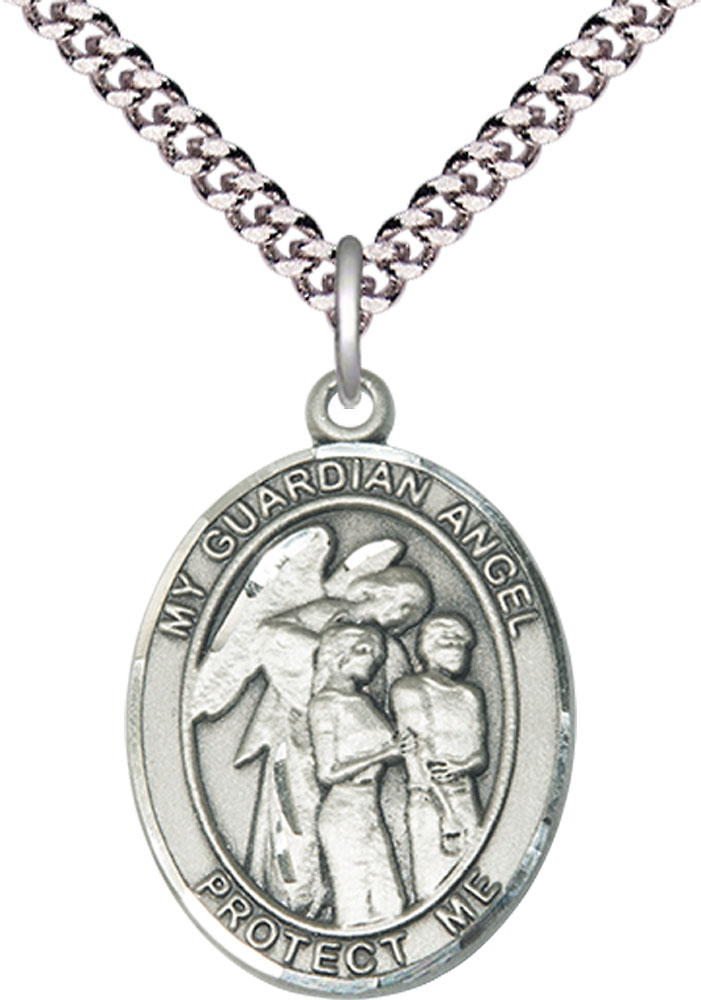 Sterling Silver Guardian Angel w/Children Pendant on a 24 inch Light Rhodium Heavy Curb chain