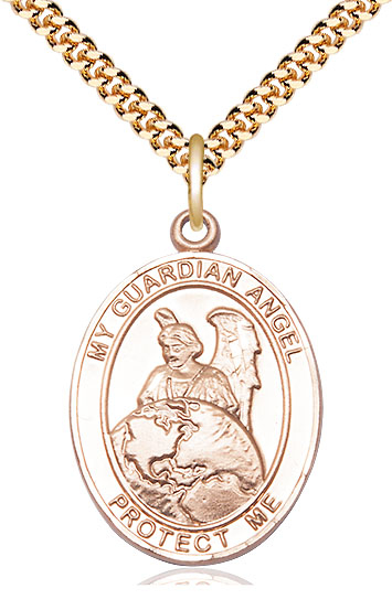 14kt Gold Filled Guardian Angel Protector Pendant on a 24 inch Gold Plate Heavy Curb chain