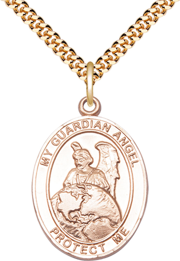 14kt Gold Filled Guardian Angel Protector Pendant on a 24 inch Gold Plate Heavy Curb chain
