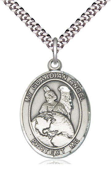 Sterling Silver Guardian Angel Protector Pendant on a 24 inch Light Rhodium Heavy Curb chain