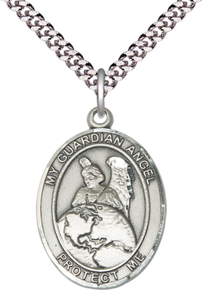 Sterling Silver Guardian Angel Protector Pendant on a 24 inch Light Rhodium Heavy Curb chain