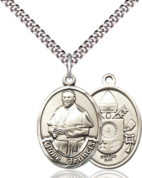Sterling Silver Pope Francis Pendant on a 24 inch Light Rhodium Heavy Curb chain