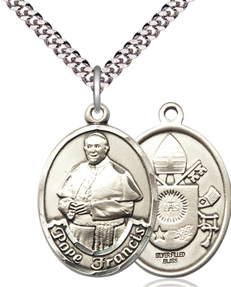 Sterling Silver Pope Francis Pendant on a 24 inch Light Rhodium Heavy Curb chain
