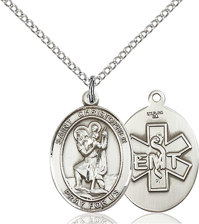 Sterling Silver Saint Christopher EMT Pendant on a 18 inch Sterling Silver Light Curb chain