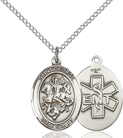 Sterling Silver Saint George EMT Pendant on a 18 inch Sterling Silver Light Curb chain