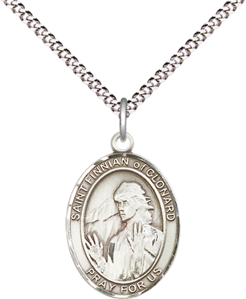 Sterling Silver Saint Finnian of Clonard Pendant on a 18 inch Light Rhodium Light Curb chain