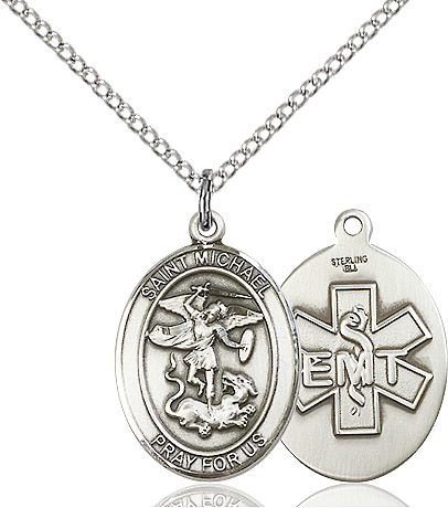 Sterling Silver Saint Michael EMT Pendant on a 18 inch Sterling Silver Light Curb chain