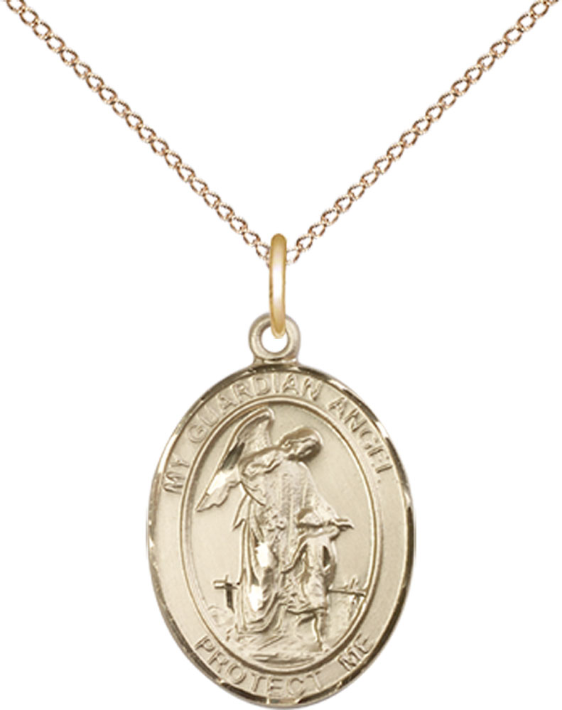 14kt Gold Filled Guardian Angel Pendant on a 18 inch Gold Filled Light Curb chain