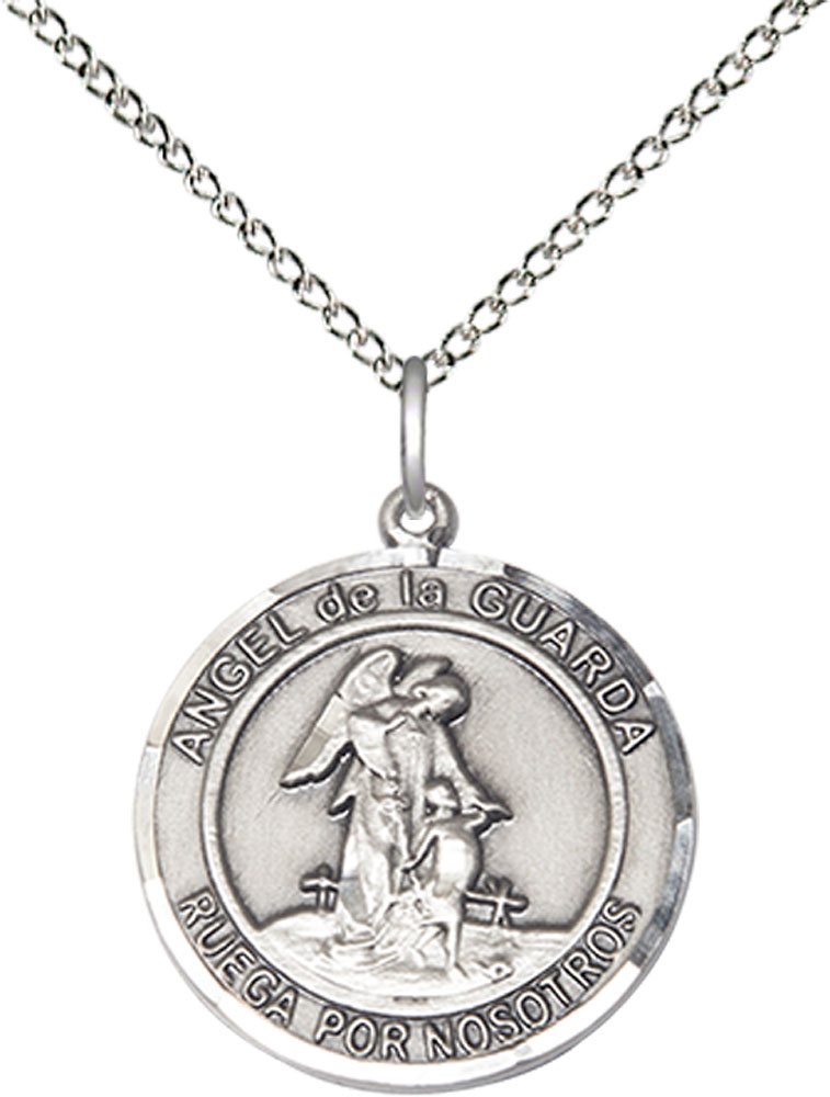 Sterling Silver Angel de la Guarda Pendant on a 18 inch Sterling Silver Light Curb chain