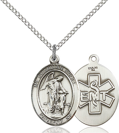 Sterling Silver Guardian Angel EMT Pendant on a 18 inch Sterling Silver Light Curb chain