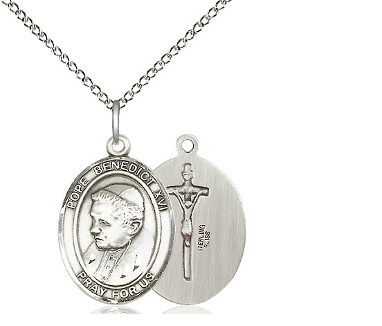 Sterling Silver Pope Benedict XVI Pendant on a 18 inch Sterling Silver Light Curb chain