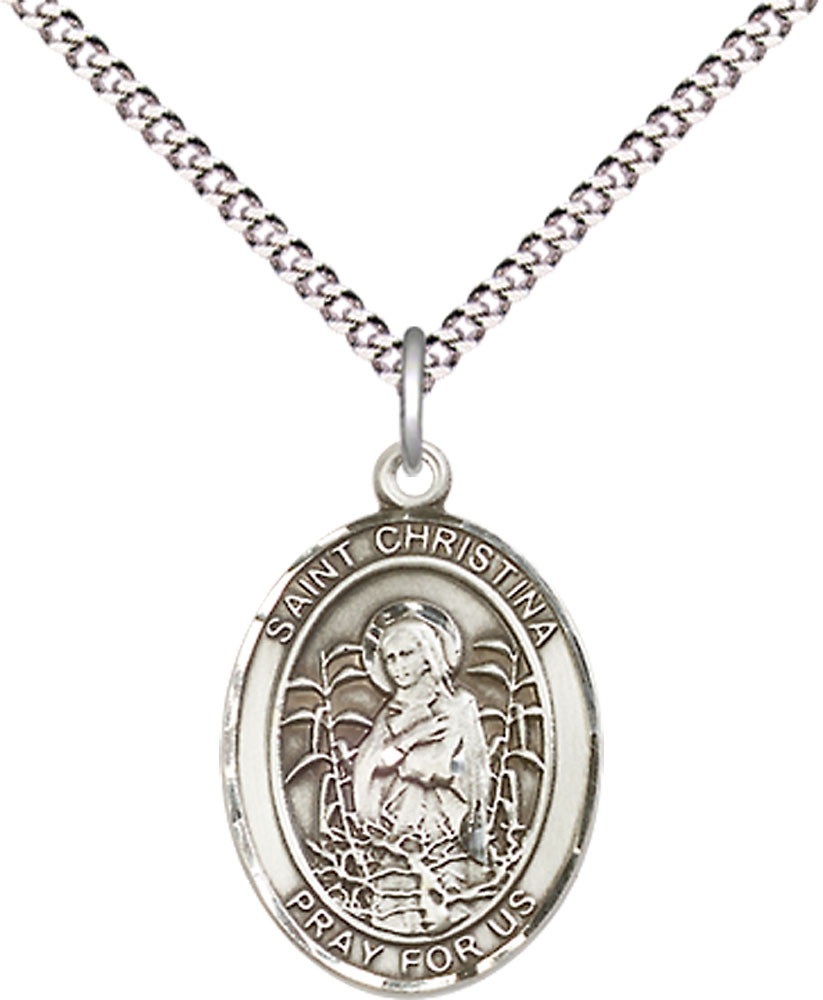 Sterling Silver Saint Christina the Astonishing Pendant on a 18 inch Light Rhodium Light Curb chain