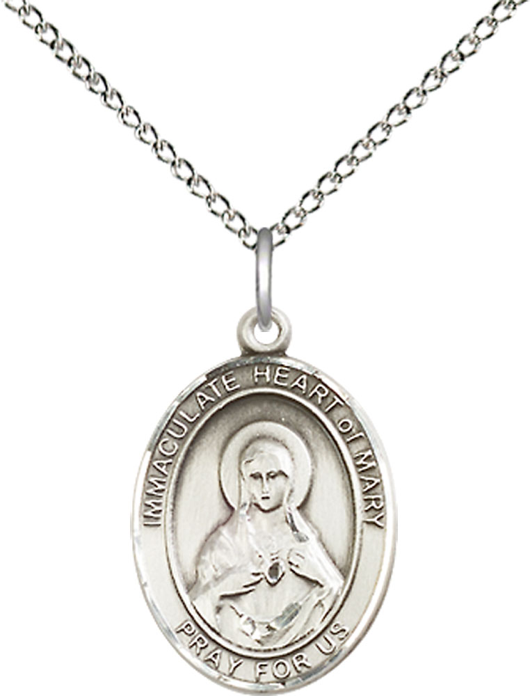 Sterling Silver Immaculate Heart of Mary Pendant on a 18 inch Sterling Silver Light Curb chain