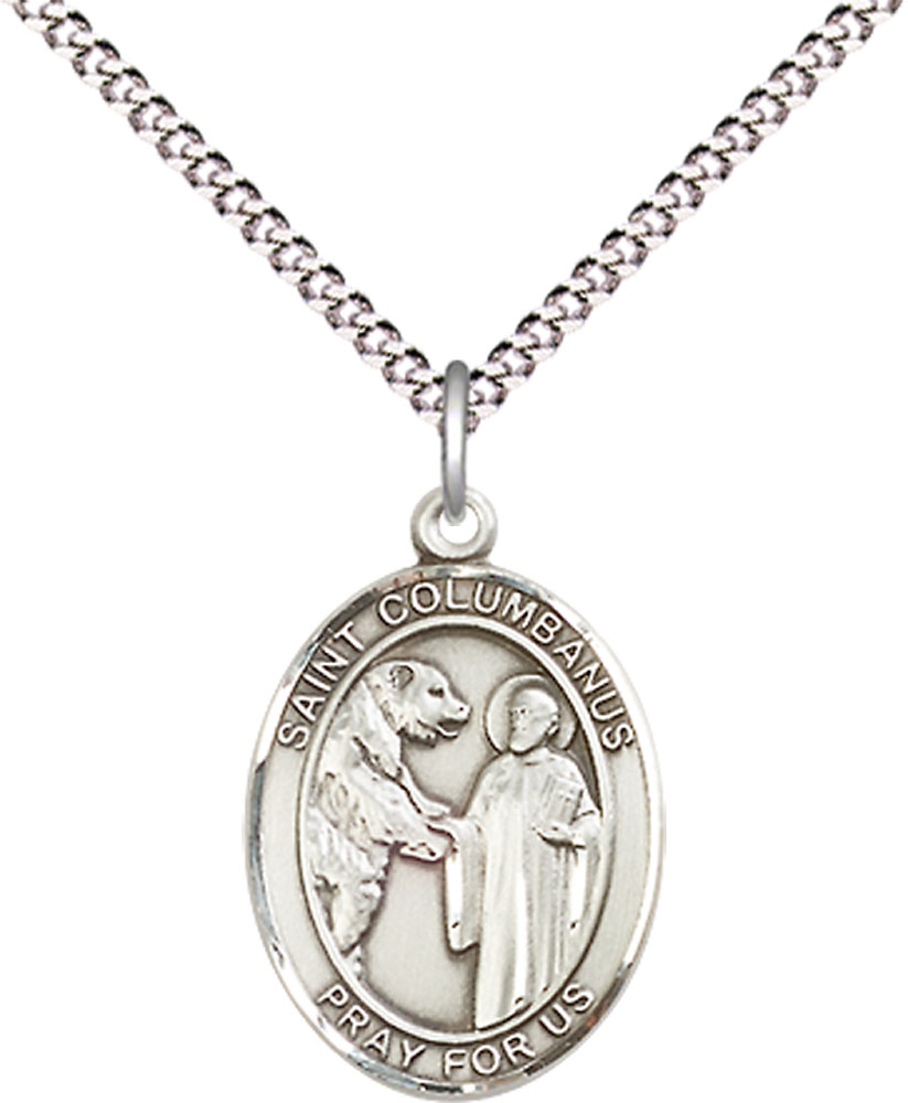 Sterling Silver Saint Columbanus Pendant on a 18 inch Light Rhodium Light Curb chain