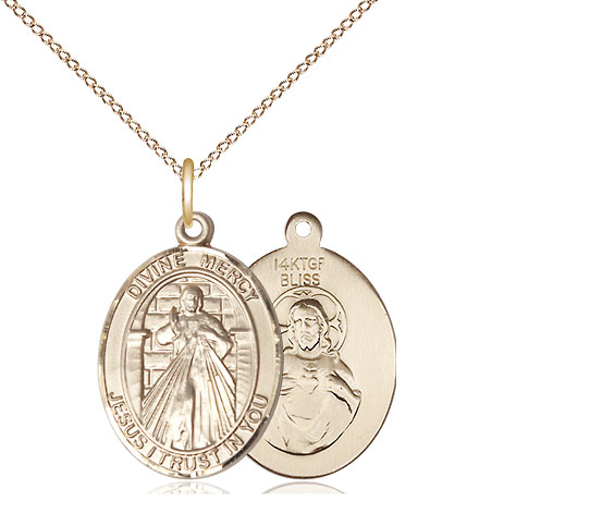 14kt Gold Filled Divine Mercy Pendant on a 18 inch Gold Filled Light Curb chain