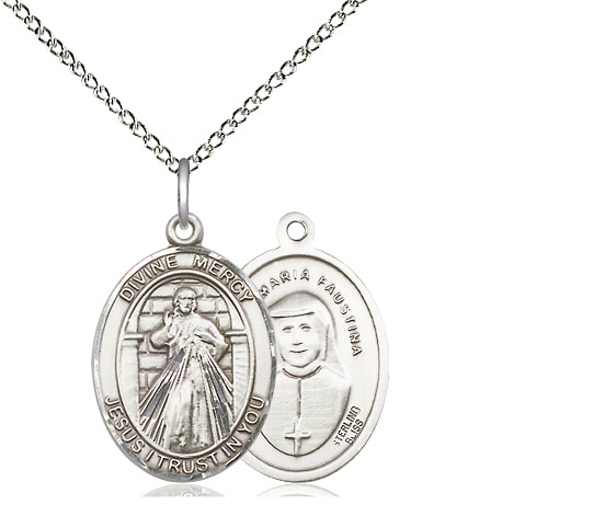 Sterling Silver Divine Mercy Pendant on a 18 inch Sterling Silver Light Curb chain