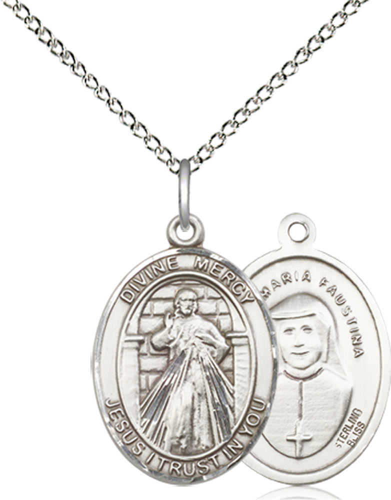 Sterling Silver Divine Mercy Pendant on a 18 inch Sterling Silver Light Curb chain
