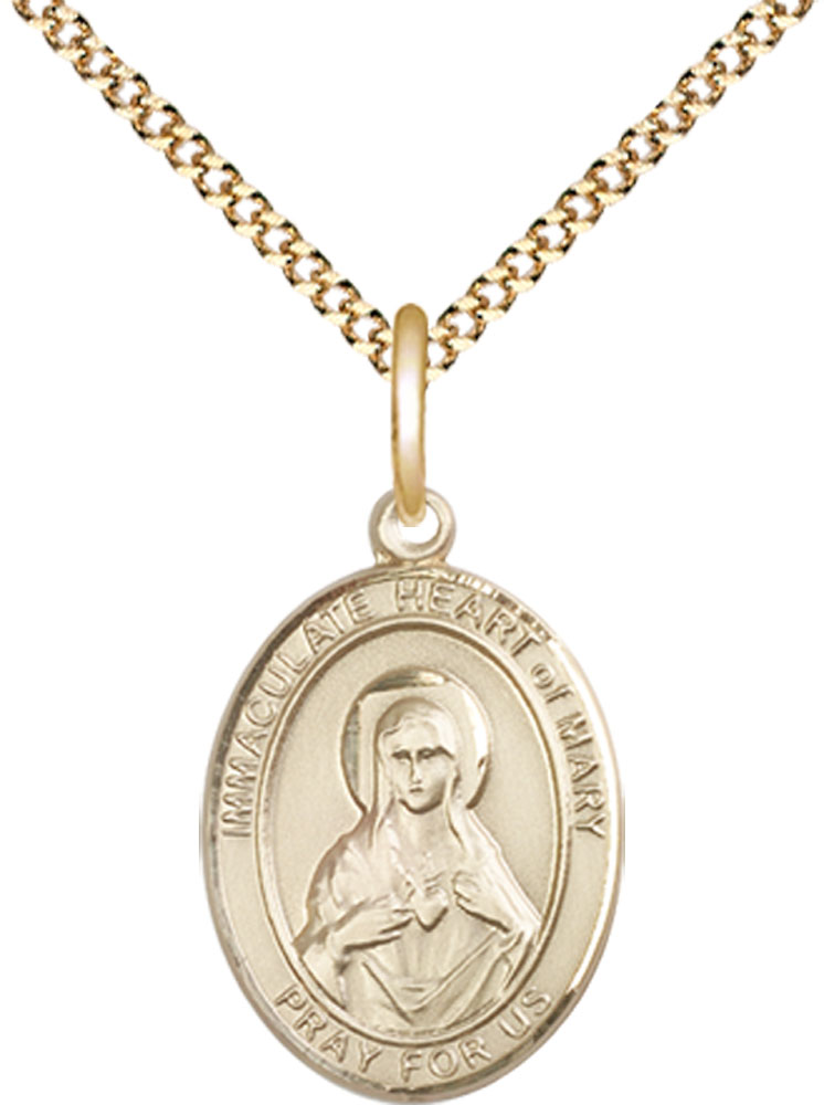 14kt Gold Filled Immaculate Heart of Mary Pendant on a 18 inch Gold Plate Light Curb chain