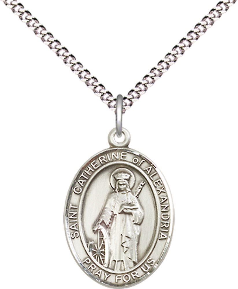 Sterling Silver Saint Catherine of Alexandria Pendant on a 18 inch Light Rhodium Light Curb chain