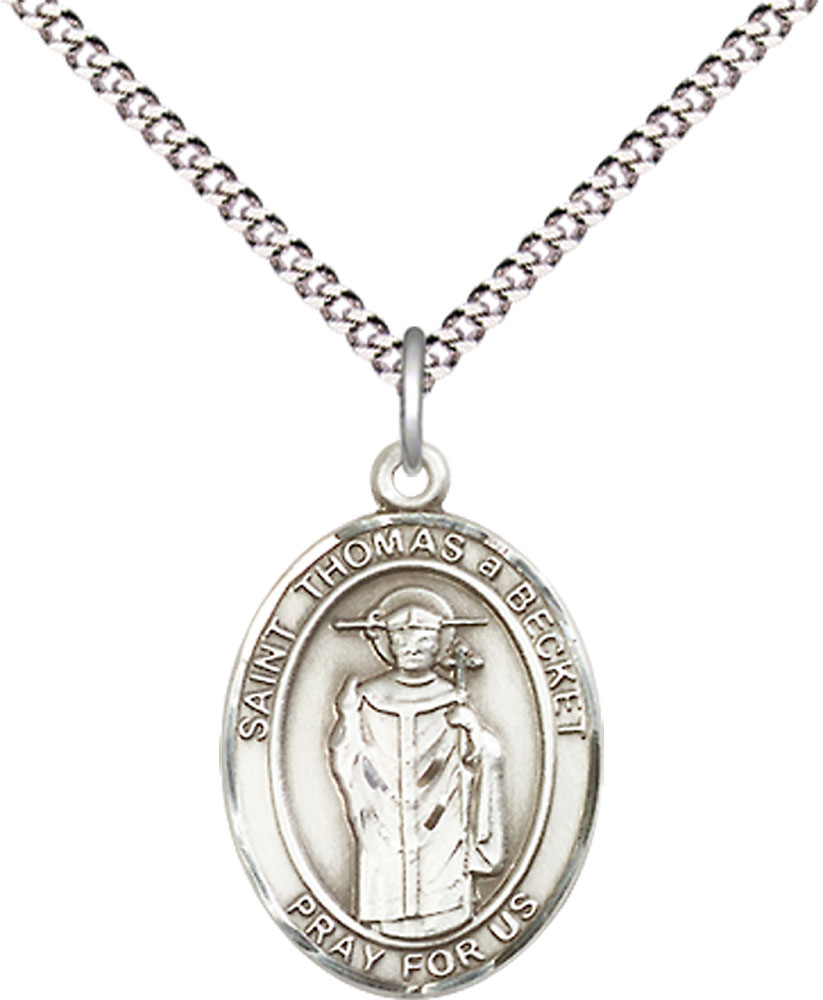 Sterling Silver Saint Thomas A Becket Pendant on a 18 inch Light Rhodium Light Curb chain