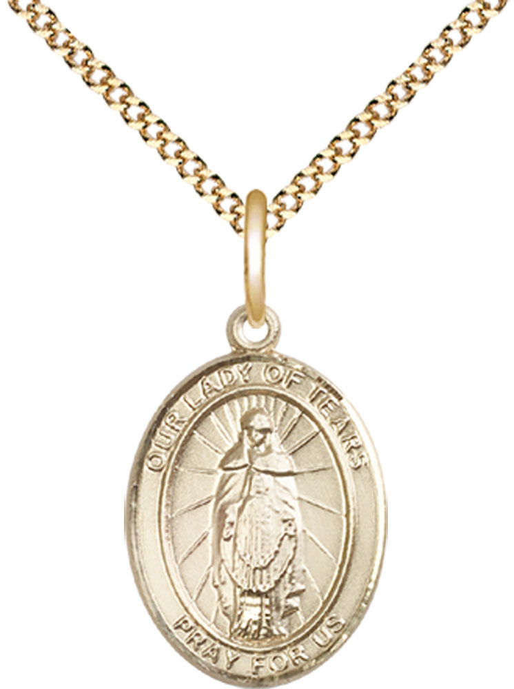 14kt Gold Filled Our Lady of Tears Pendant on a 18 inch Gold Plate Light Curb chain