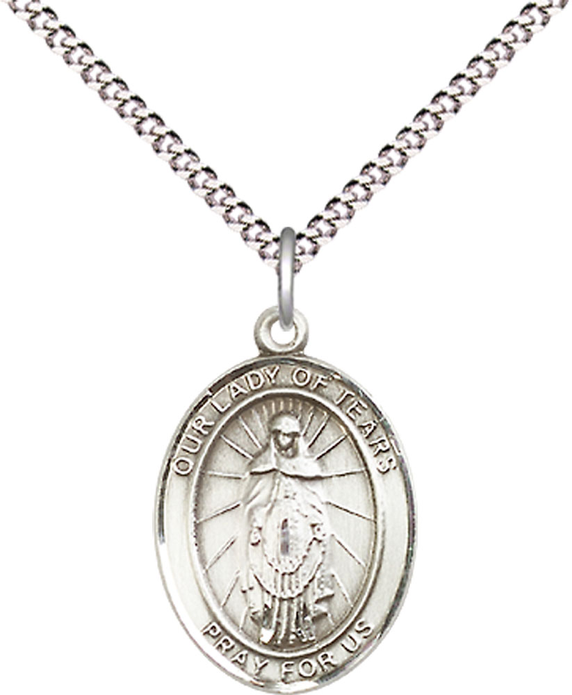 Sterling Silver Our Lady of Tears Pendant on a 18 inch Light Rhodium Light Curb chain