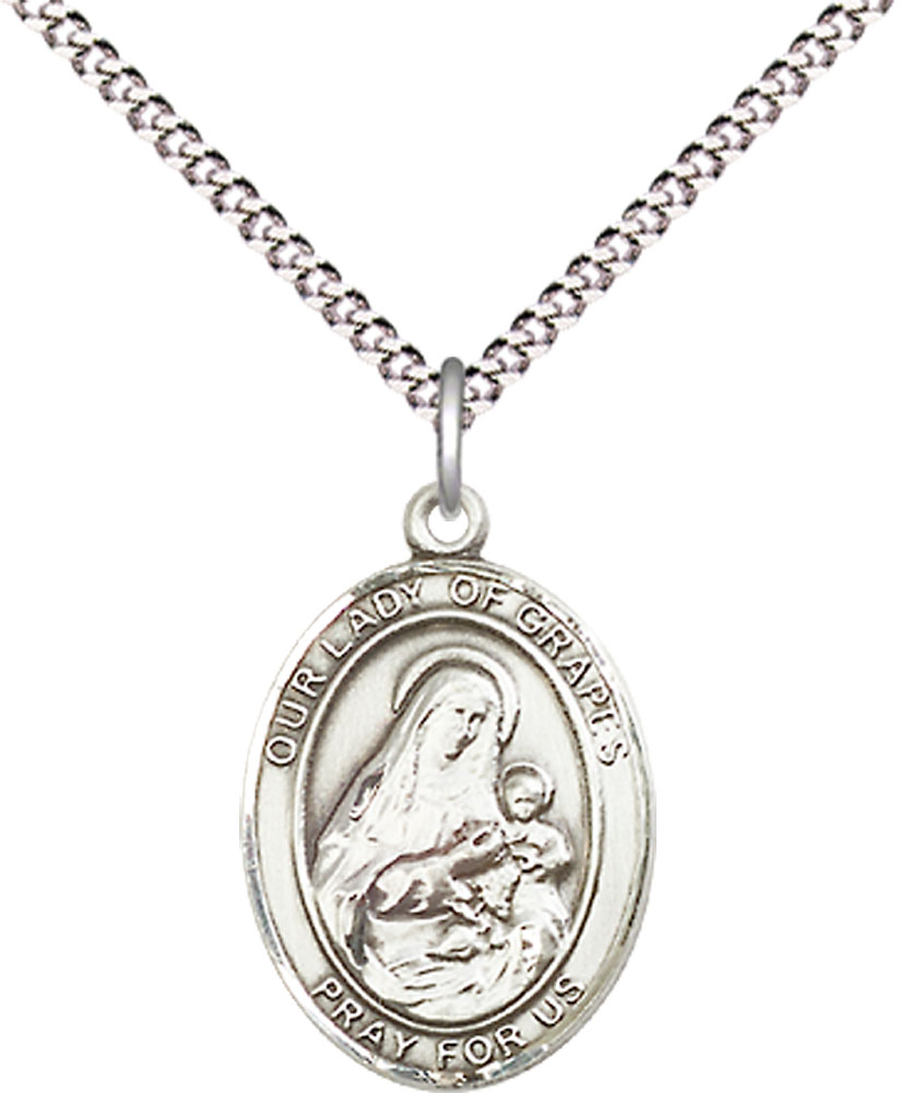 Sterling Silver Our Lady of Grapes Pendant on a 18 inch Light Rhodium Light Curb chain