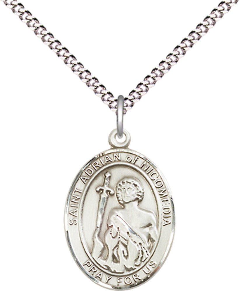 Sterling Silver Saint Adrian of Nicomedia Pendant on a 18 inch Light Rhodium Light Curb chain