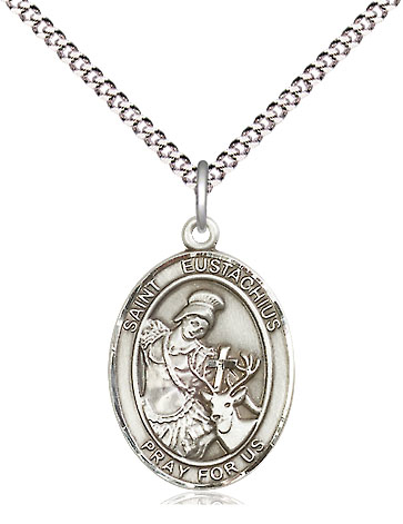 Sterling Silver Saint Eustachius Pendant on a 18 inch Light Rhodium Light Curb chain