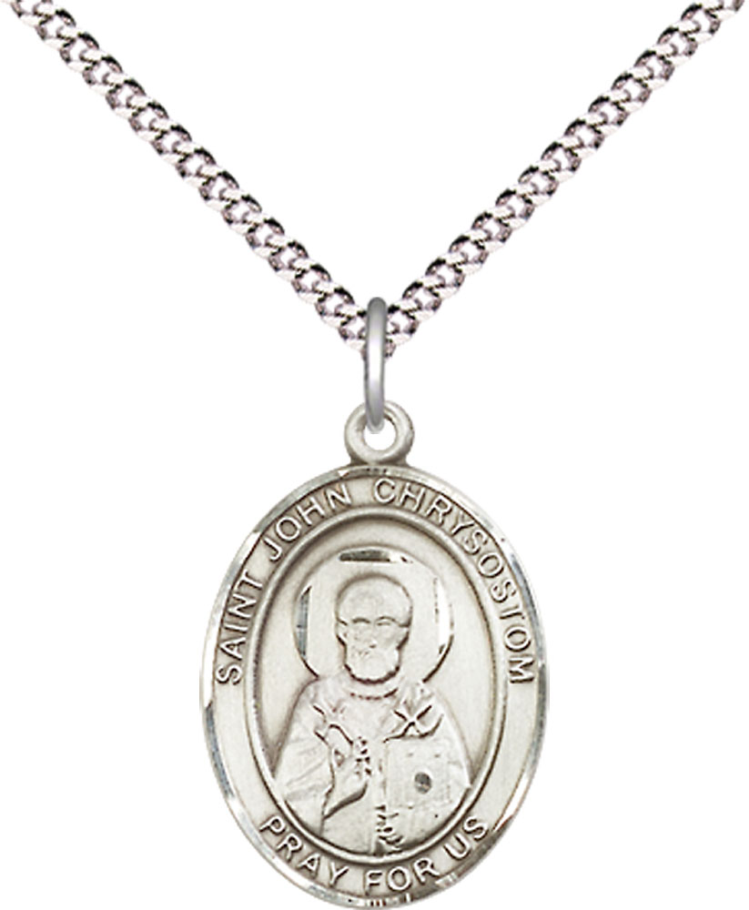 Sterling Silver Saint John Chrysostom Pendant on a 18 inch Light Rhodium Light Curb chain