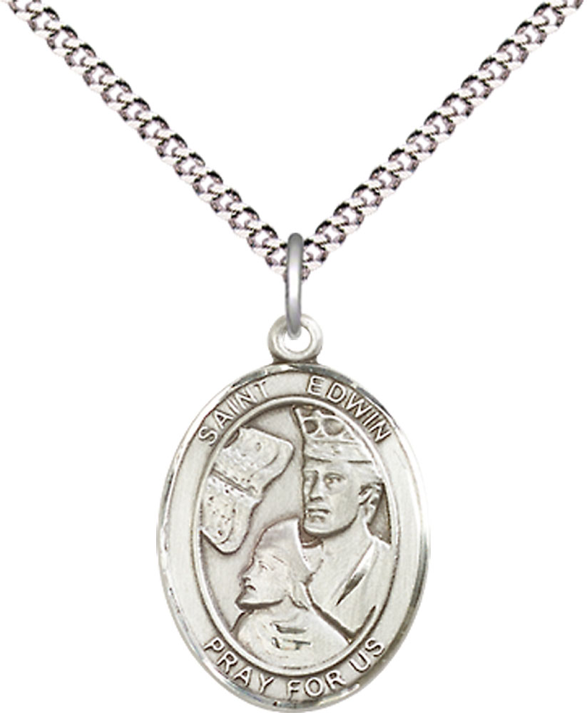 Sterling Silver Saint Edwin Pendant on a 18 inch Light Rhodium Light Curb chain