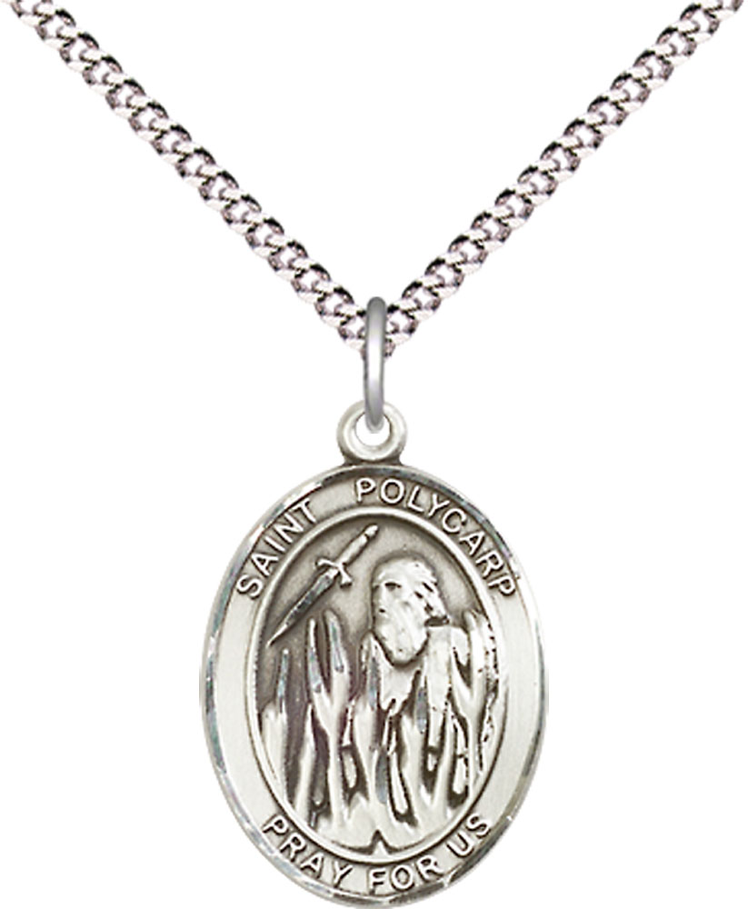 Sterling Silver Saint Polycarp of Smyrna Pendant on a 18 inch Light Rhodium Light Curb chain