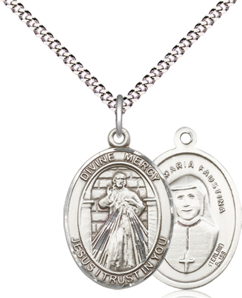 Sterling Silver Divine Mercy Pendant on a 18 inch Light Rhodium Light Curb chain