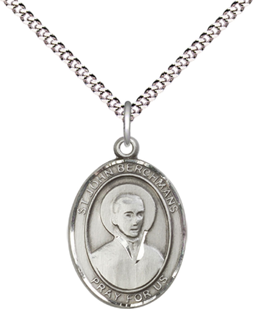 Sterling Silver Saint John Berchmans Pendant on a 18 inch Light Rhodium Light Curb chain