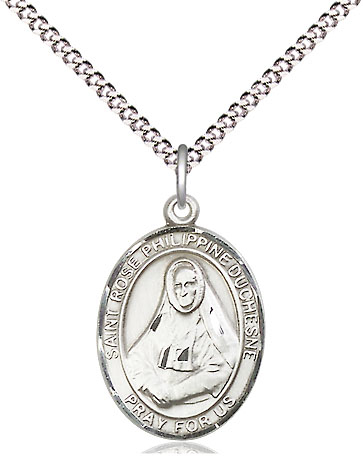 Sterling Silver Saint Rose Philippine Pendant on a 18 inch Light Rhodium Light Curb chain