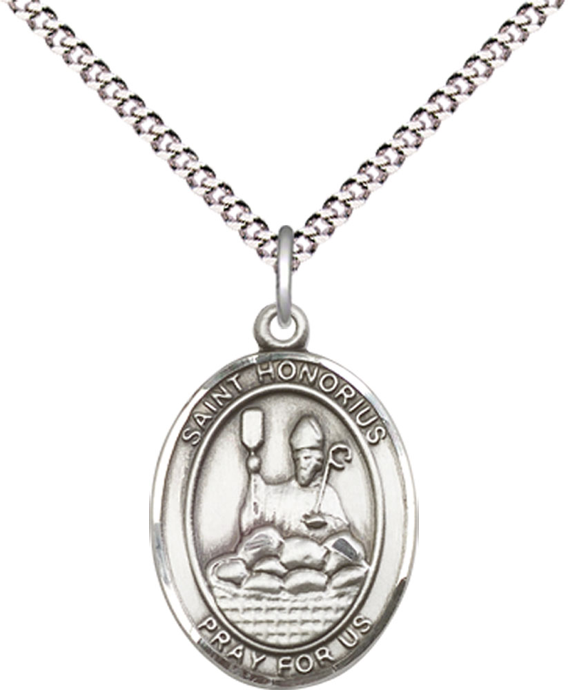 Sterling Silver Saint Honorius Pendant on a 18 inch Light Rhodium Light Curb chain