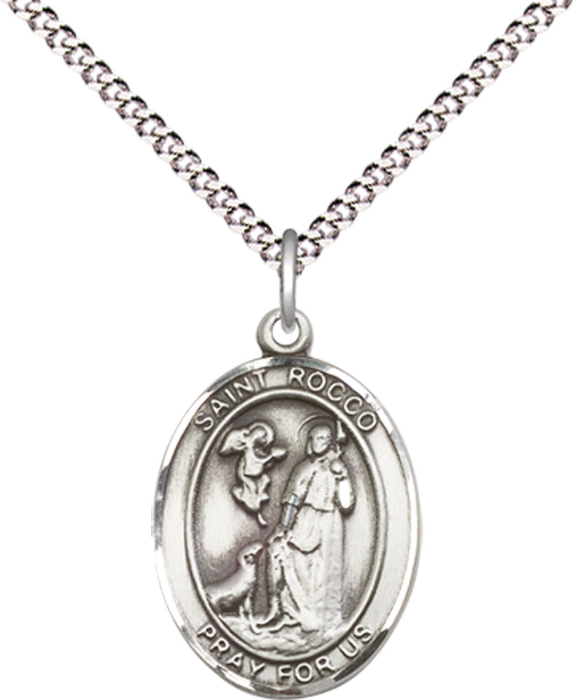 Sterling Silver Saint Rocco Pendant on a 18 inch Light Rhodium Light Curb chain