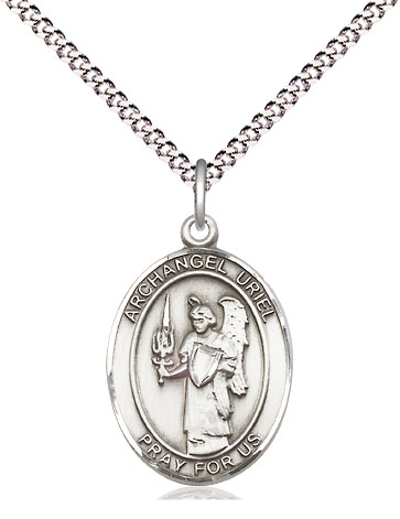 Sterling Silver Saint Uriel the Archangel Pendant on a 18 inch Light Rhodium Light Curb chain