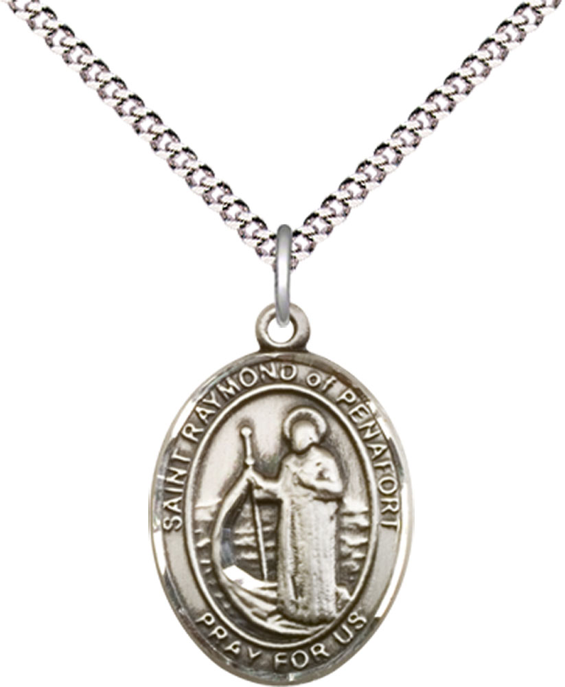 Sterling Silver Saint Raymond of Penafort Pendant on a 18 inch Light Rhodium Light Curb chain