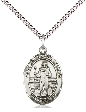 Sterling Silver Saint Bernadine of Sienna Pendant on a 18 inch Light Rhodium Light Curb chain
