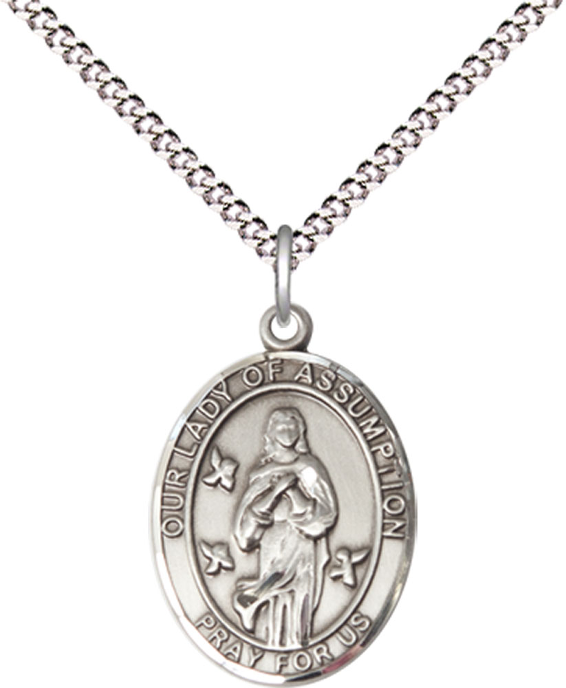 Sterling Silver Our Lady of Assumption Pendant on a 18 inch Light Rhodium Light Curb chain