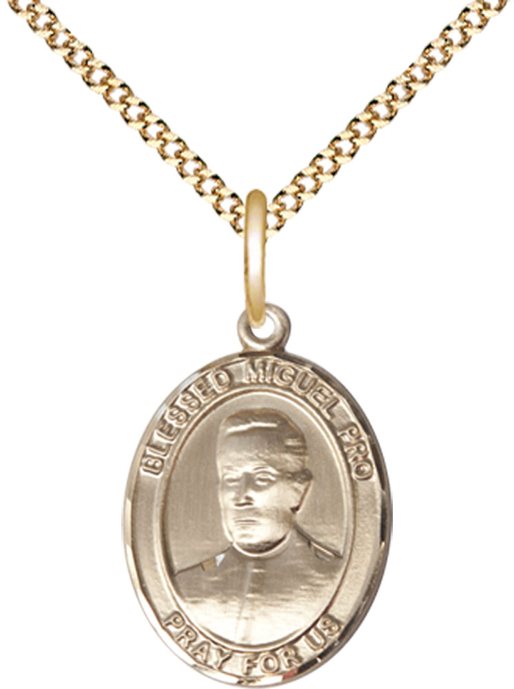 14kt Gold Filled Blessed Miguel Pro Pendant on a 18 inch Gold Plate Light Curb chain
